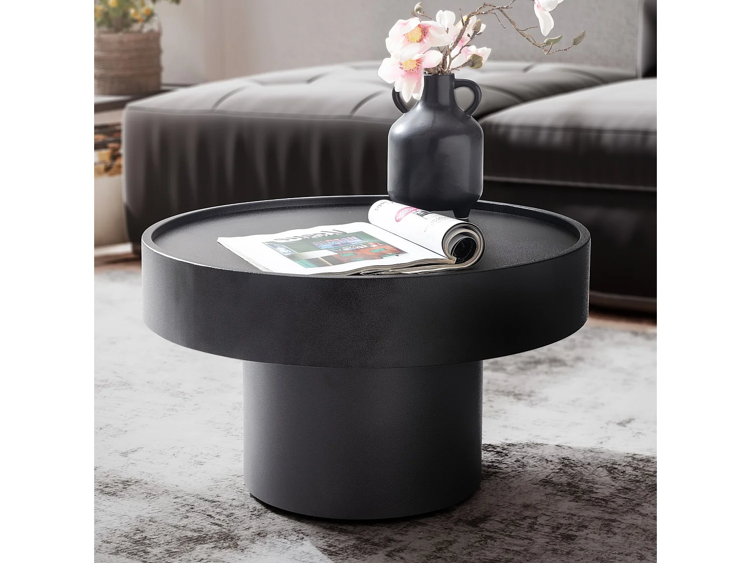 table basse 60x60x36 cm métal noir table de canapé ronde, table de salon en forme de champignon, table basse design en fer, petite table d'appoint salon moderne