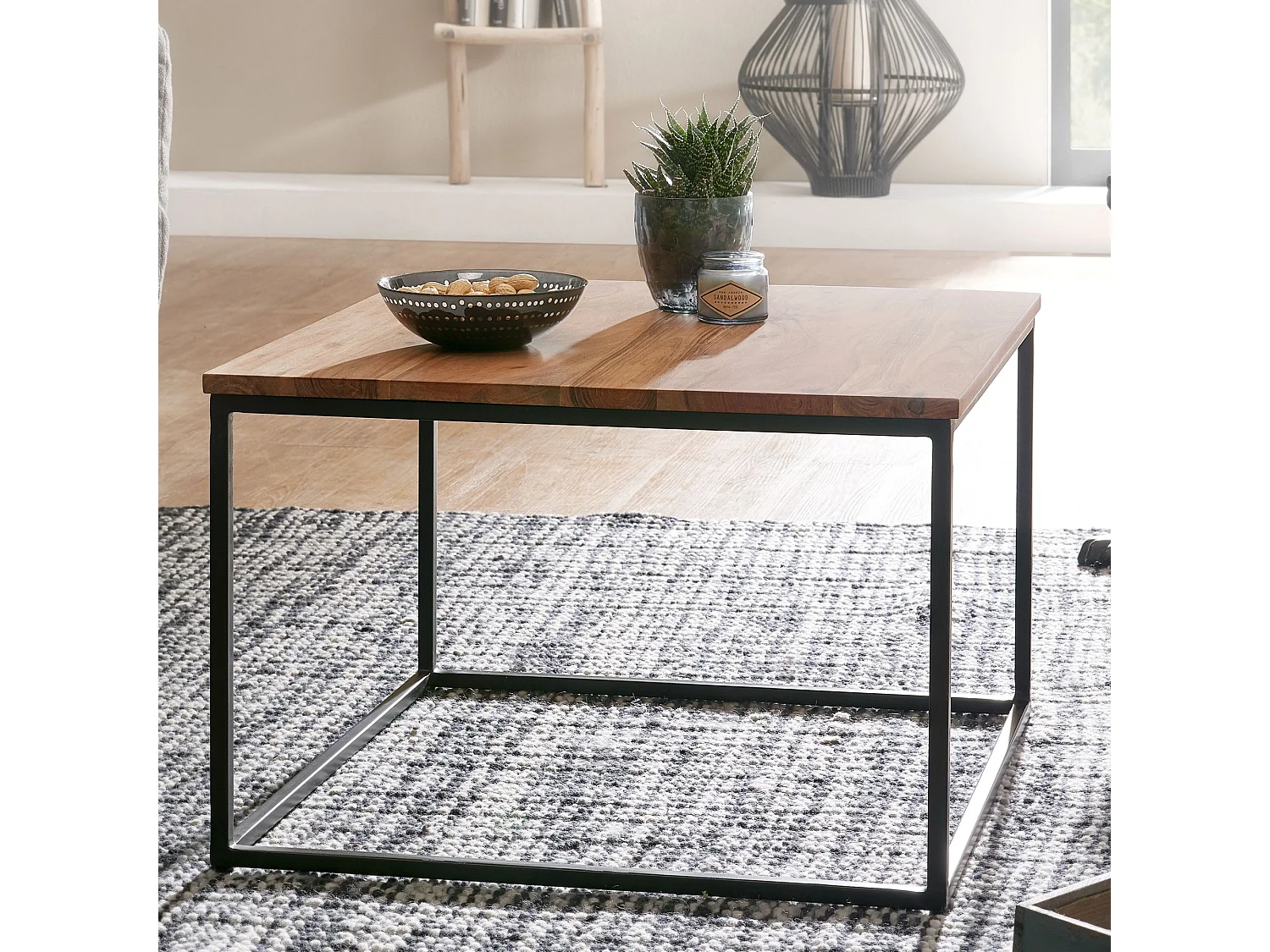 Mesita 60x60x41 cm Mesita de metal de madera maciza mesa de salón acacia | Mesa para sala industrial | Mesa de centro de madera maciza | Sala de estar de mesa