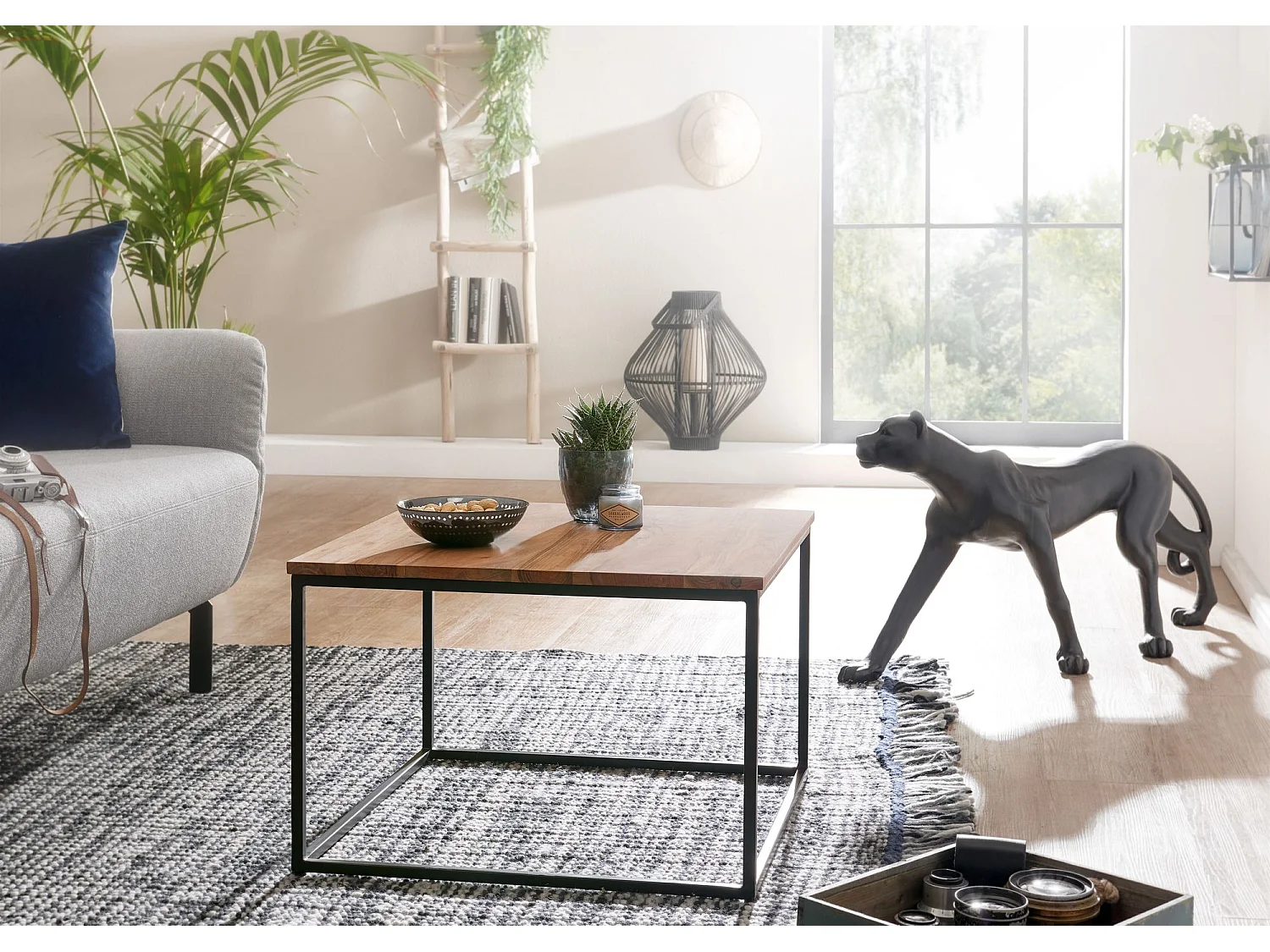 Mesita 60x60x41 cm Mesita de metal de madera maciza mesa de salón acacia | Mesa para sala industrial | Mesa de centro de madera maciza | Sala de estar de mesa