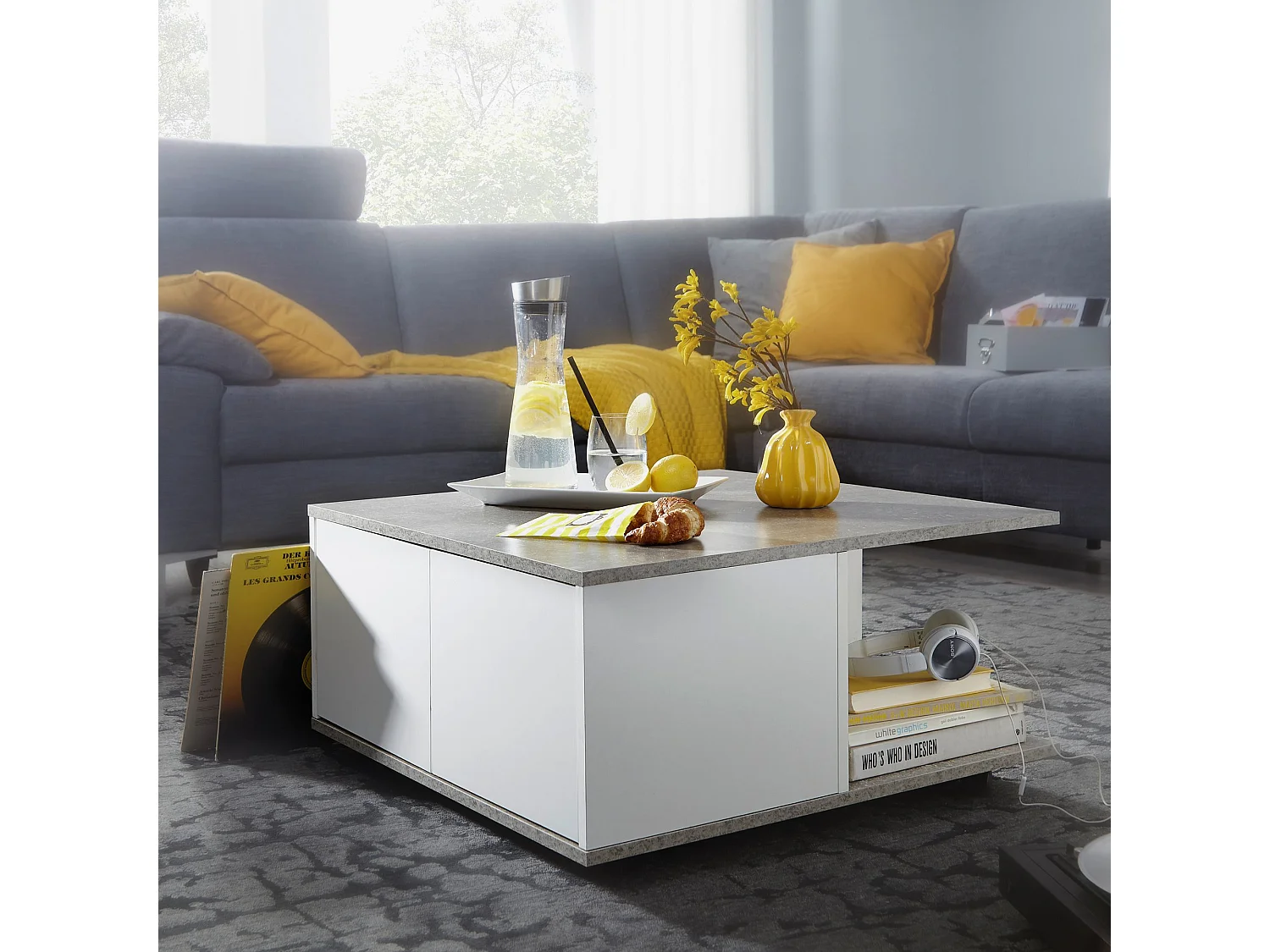 design salontafel 70x70 cm cement grijs / wit | Salontafel met 2 laden | Salontafel met wielen | Tafel met 2 compartimenten