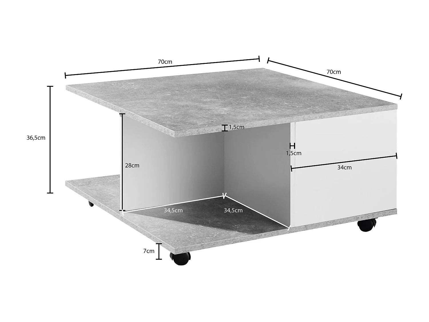 design salontafel 70x70 cm cement grijs / wit | Salontafel met 2 laden | Salontafel met wielen | Tafel met 2 compartimenten