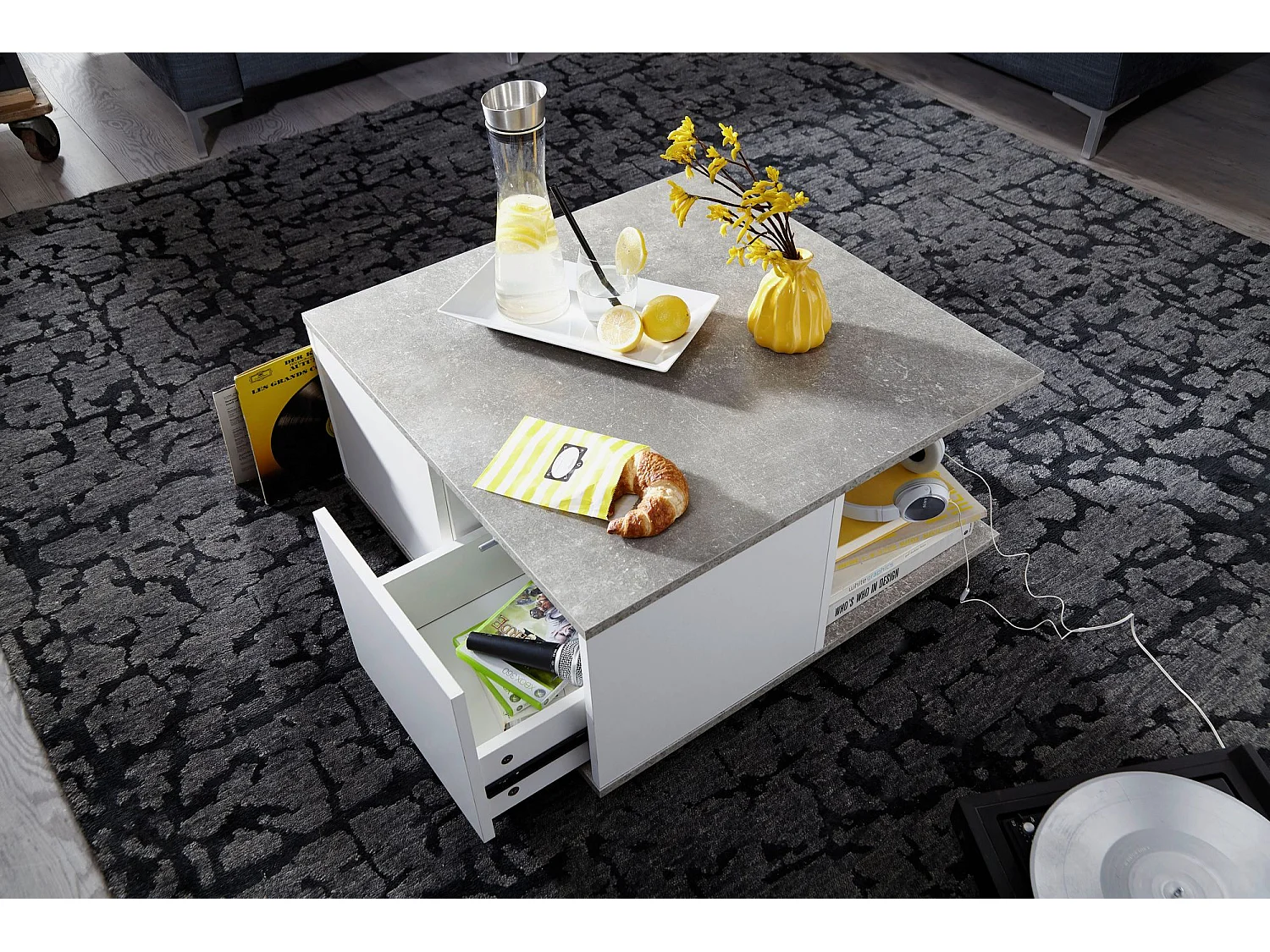design salontafel 70x70 cm cement grijs / wit | Salontafel met 2 laden | Salontafel met wielen | Tafel met 2 compartimenten