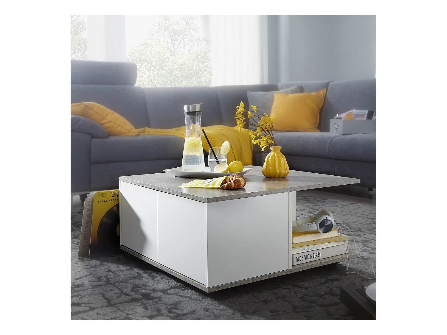basse design  cm gris ciment / blanc | Table de salon avec 2 tiroirs | Table basse à roulettes | Table à 2 compartiments