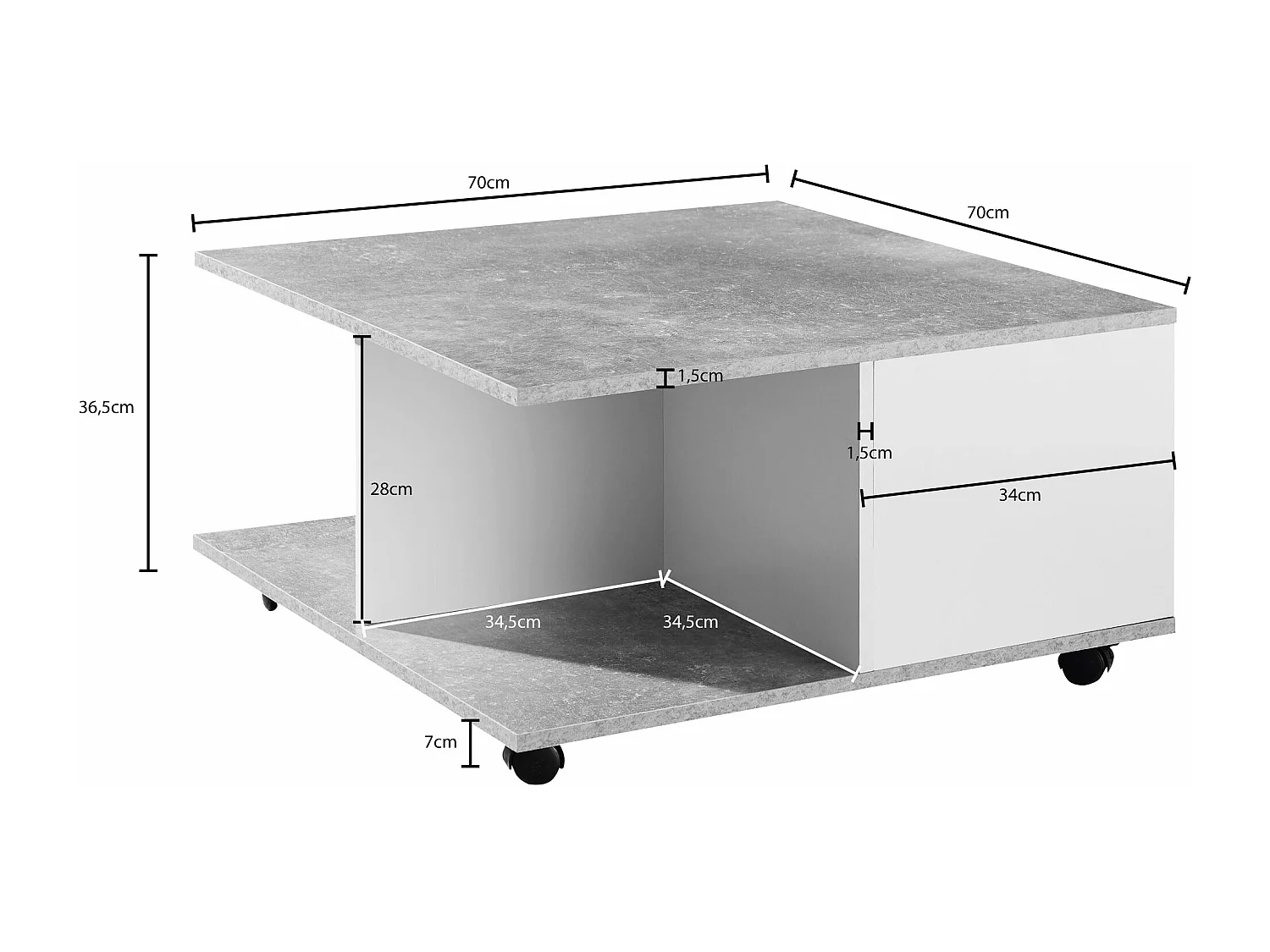 design salontafel 70x70 cm cement grijs / wit | Salontafel met 2 laden | Salontafel met wielen | Tafel met 2 compartimenten
