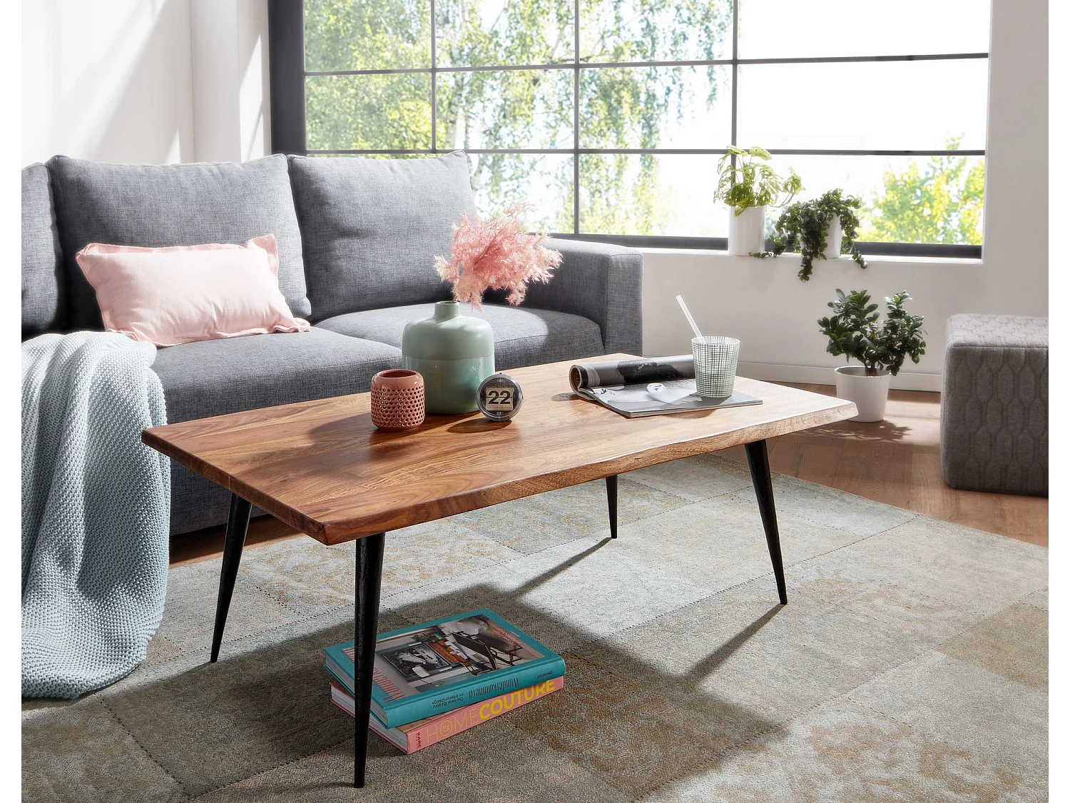 Mesa de Centro Moderna 110x60x40 cm Madera Maciza de Sheesham y Metal | Mesa Auxiliar para Salón Rectangular | Mesita Café con Borde de Árbol Grande para Sofá