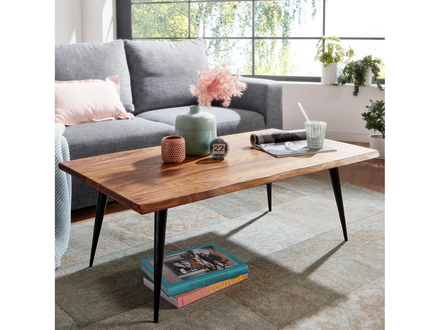 Mesa de Centro Moderna 110x60x40 cm Madera Maciza de Sheesham y Metal | Mesa Auxiliar para Salón Rectangular | Mesita Café con Borde de Árbol Grande para Sofá