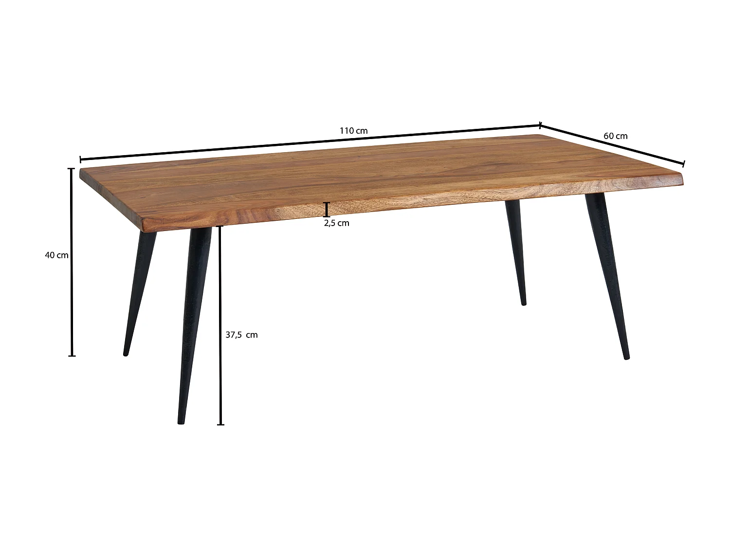 Mesa de Centro Moderna 110x60x40 cm Madera Maciza de Sheesham y Metal | Mesa Auxiliar para Salón Rectangular | Mesita Café con Borde de Árbol Grande para Sofá