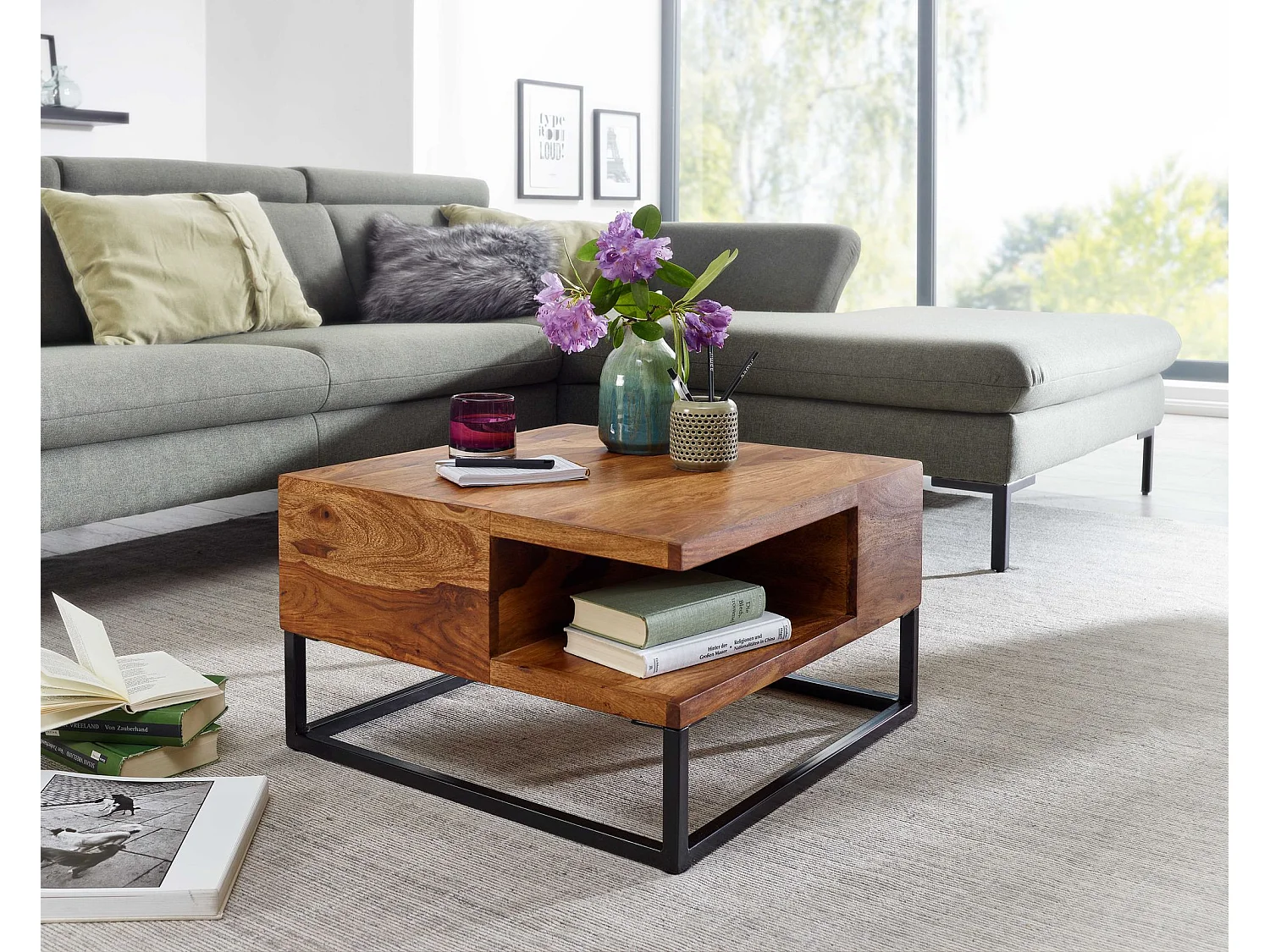 Koffietafel Massief Sheesham-Hout en Metaal 60x60x34,5 cm Salontafel Bruin | Vierkant Tafel Woonkamer Moderne met Opbergruimte | Kleine Bijzettafel Woonkamertafel