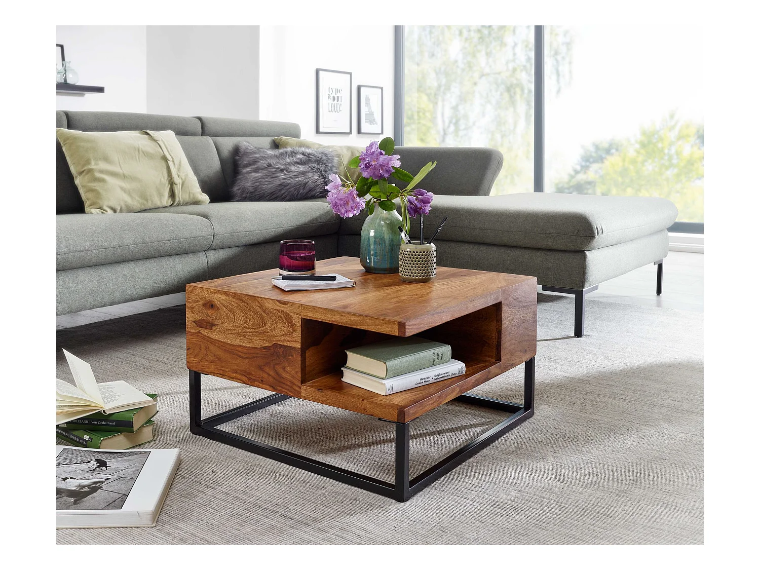 Table Basse de Salon Sheesham Bois Massif et Métal 60x60x34,5 cm Carré | Petite Table de Canapé avec Rangement Marron | Design Table d'appoint Style Industriel
