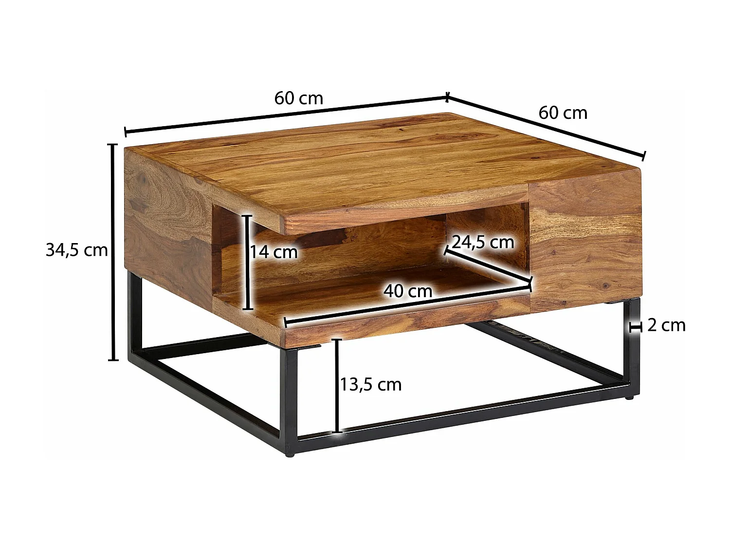 Koffietafel Massief Sheesham-Hout en Metaal 60x60x34,5 cm Salontafel Bruin | Vierkant Tafel Woonkamer Moderne met Opbergruimte | Kleine Bijzettafel Woonkamertafel