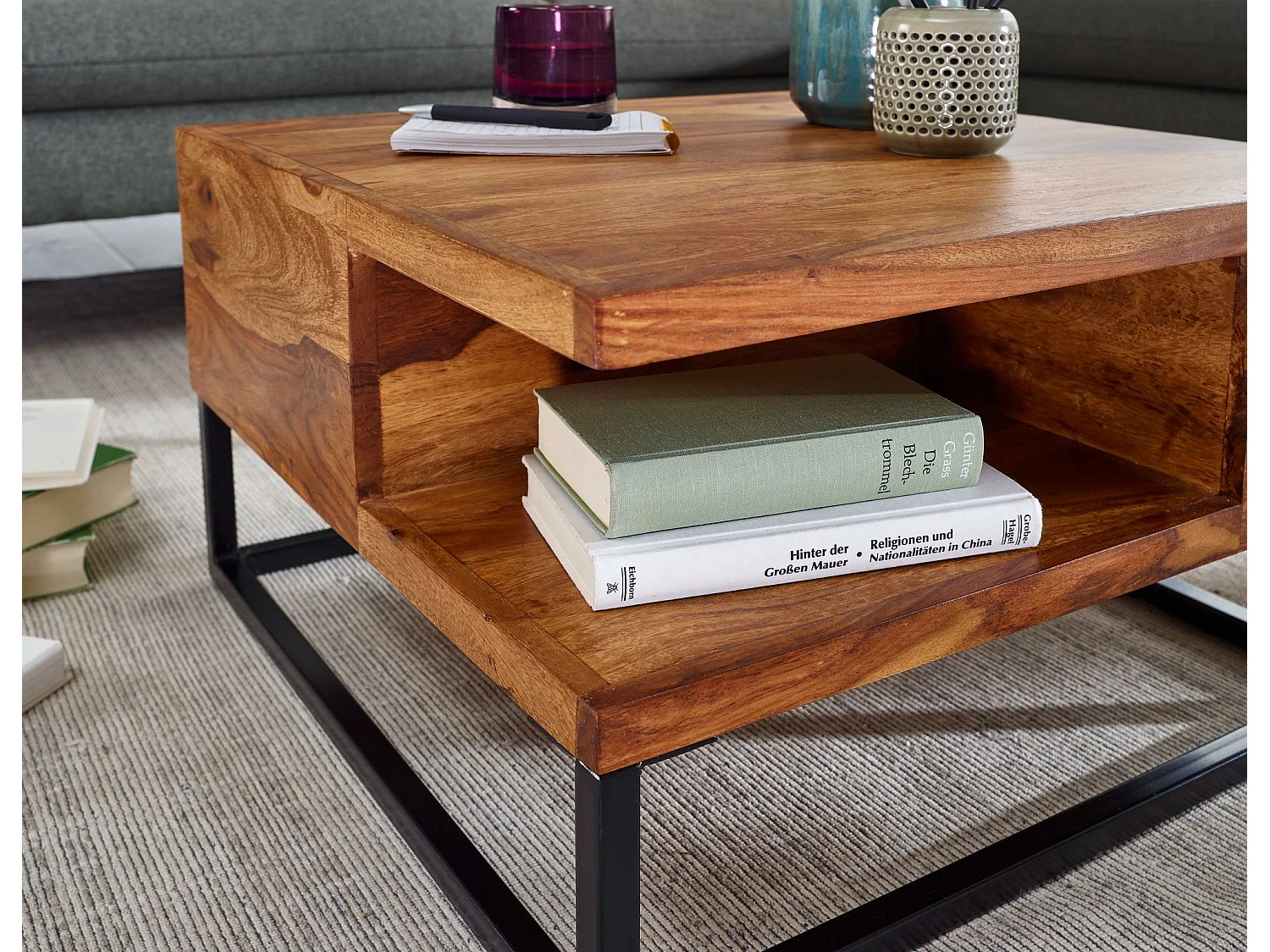 Koffietafel Massief Sheesham-Hout en Metaal 60x60x34,5 cm Salontafel Bruin | Vierkant Tafel Woonkamer Moderne met Opbergruimte | Kleine Bijzettafel Woonkamertafel