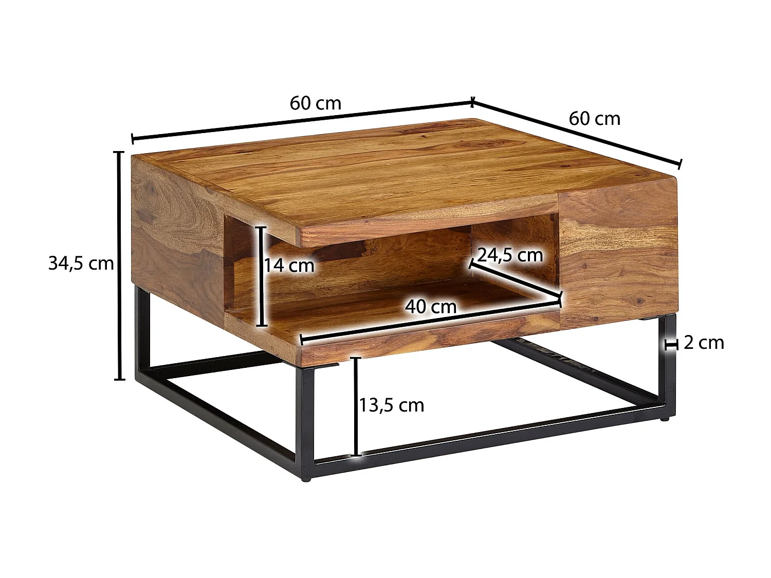 Table Basse de Salon Sheesham Bois Massif et Métal 60x60x34,5 cm Carré | Petite Table de Canapé