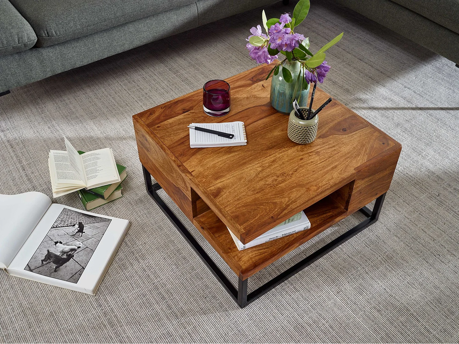 Table Basse de Salon Sheesham Bois Massif et Métal 60x60x34,5 cm Carré | Petite Table de Canapé