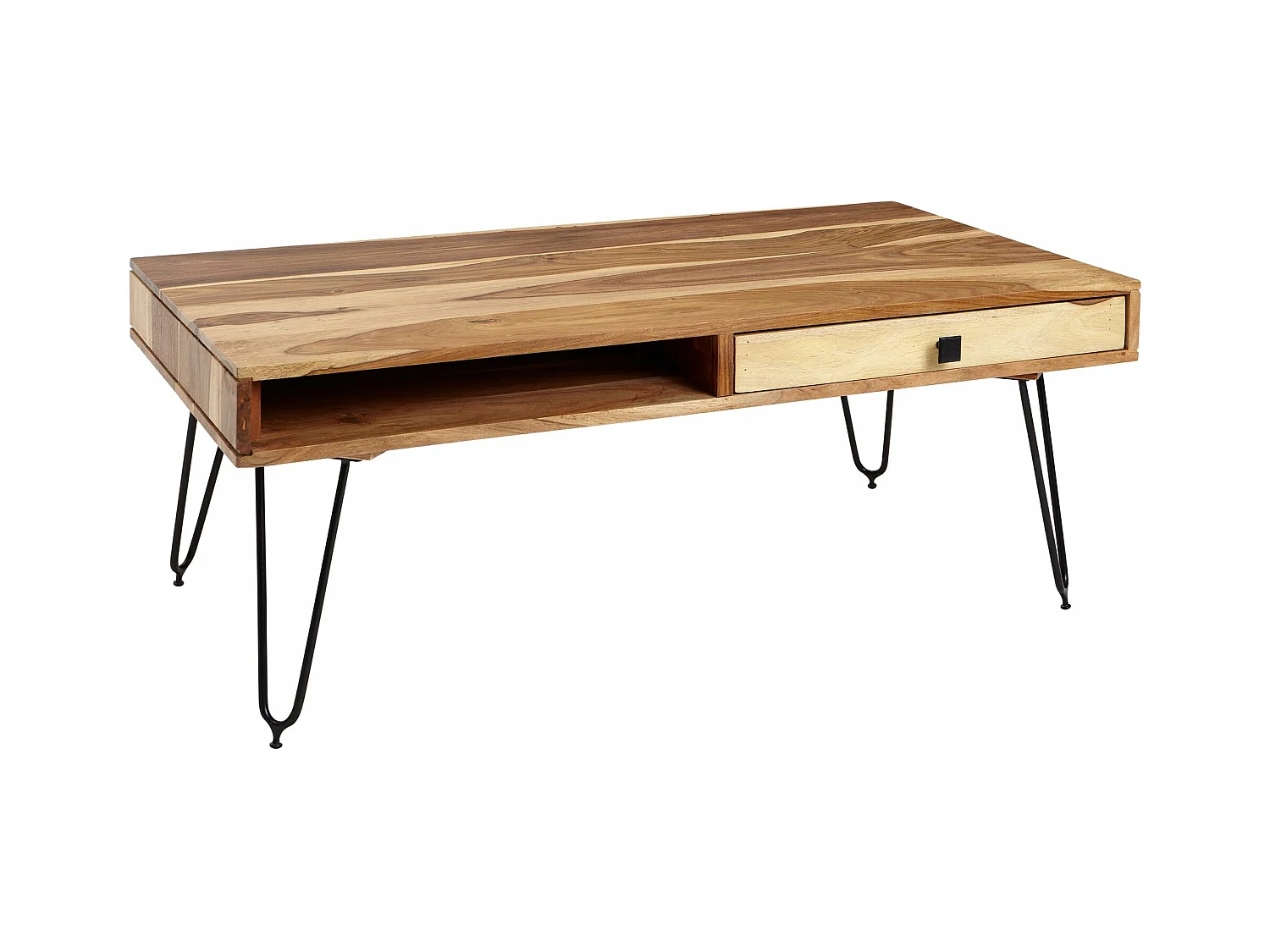 table basse BAGLI en bois massif d'acacia 110 cm de large table de salon design pieds en métal table d'appoint de style campagnard