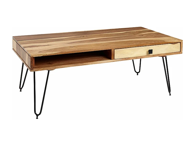 table basse BAGLI en bois massif d'acacia 110 cm de large table de salon design pieds en métal