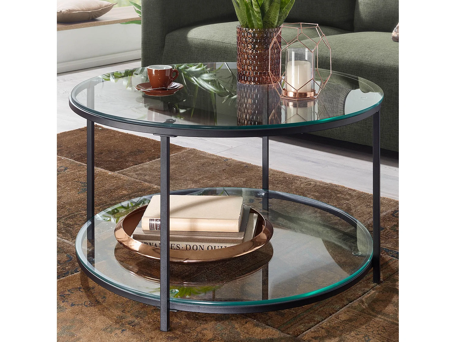 Table Basse de Salon 80x80x45 cm Verre et Metal | Grande Table de Canapé avec Rangement Ronde |