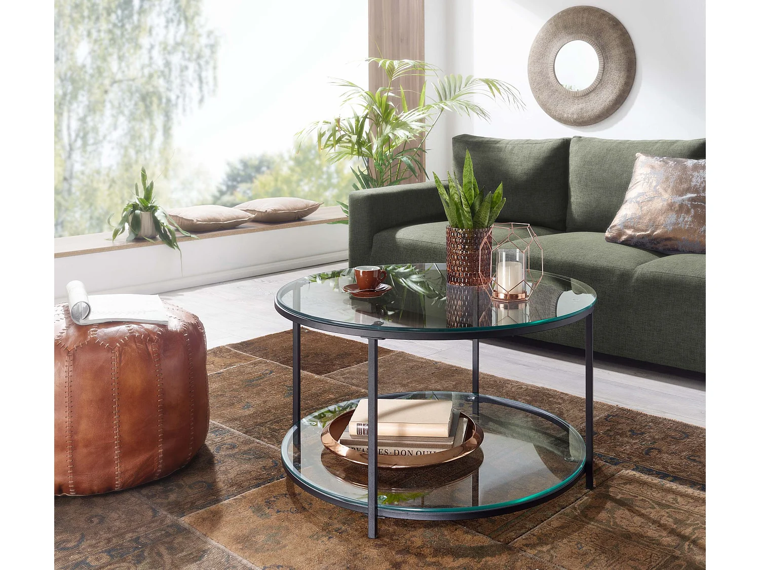 Table Basse de Salon 80x80x45 cm Verre et Metal | Grande Table de Canapé avec Rangement Ronde |