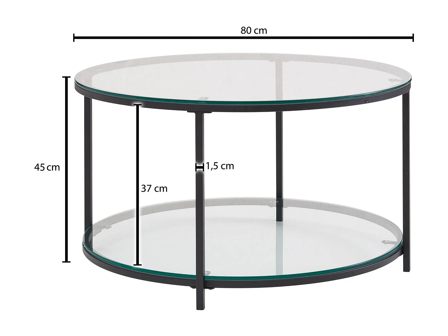Table Basse de Salon 80x80x45 cm Verre et Metal | Grande Table de Canapé avec Rangement Ronde |
