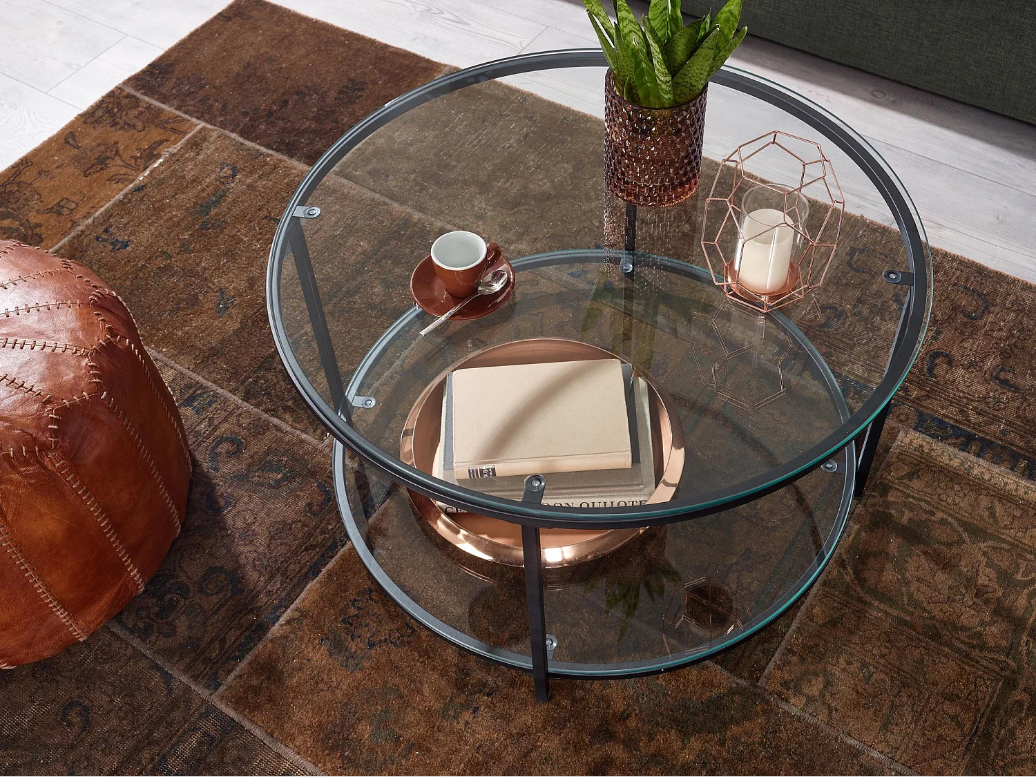 Table Basse de Salon 80x80x45 cm Verre et Metal | Grande Table de Canapé avec Rangement Ronde |