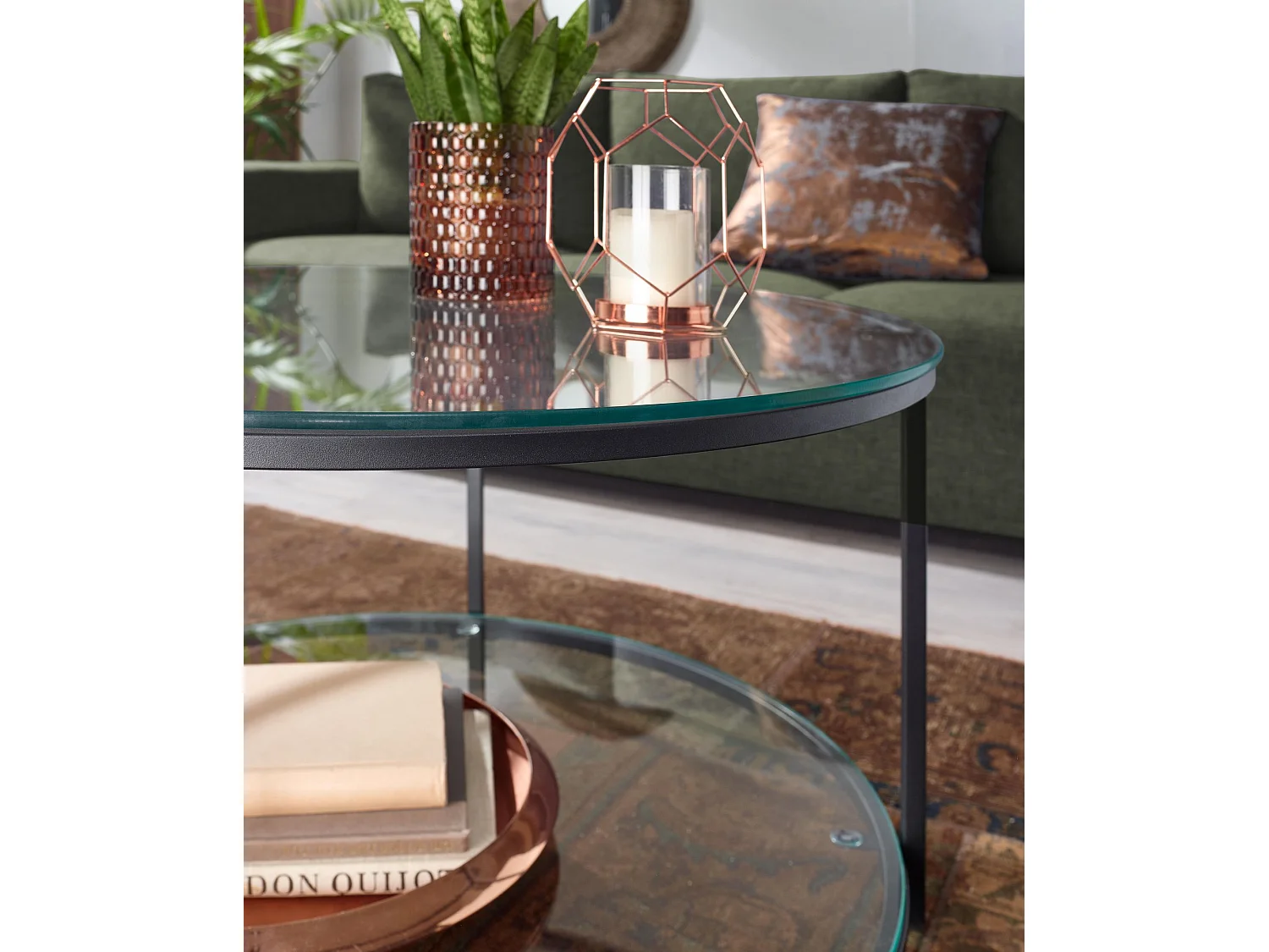 Table Basse de Salon 80x80x45 cm Verre et Metal | Grande Table de Canapé avec Rangement Ronde |
