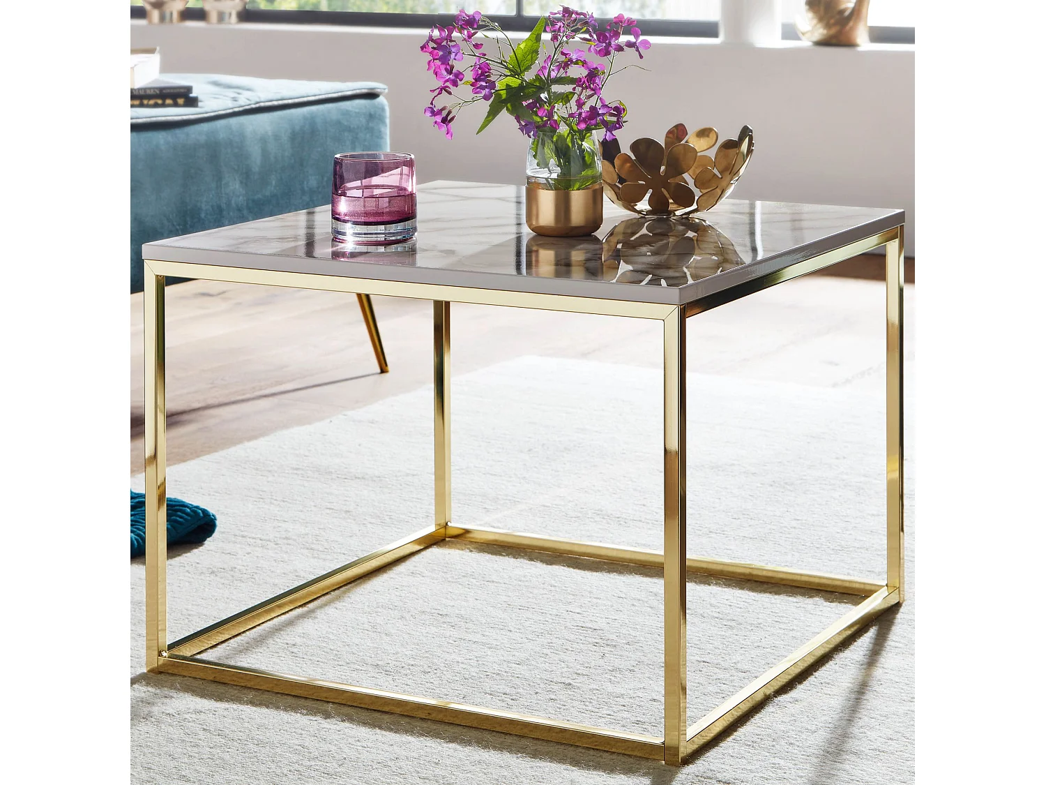 Tavolino da caffè 60x60x45 cm con aspetto marmoreo Tavolino quadrato bianco/oro | Tavolo soggiorno moderno | Tavolino da salotto Tavolo soggiorno