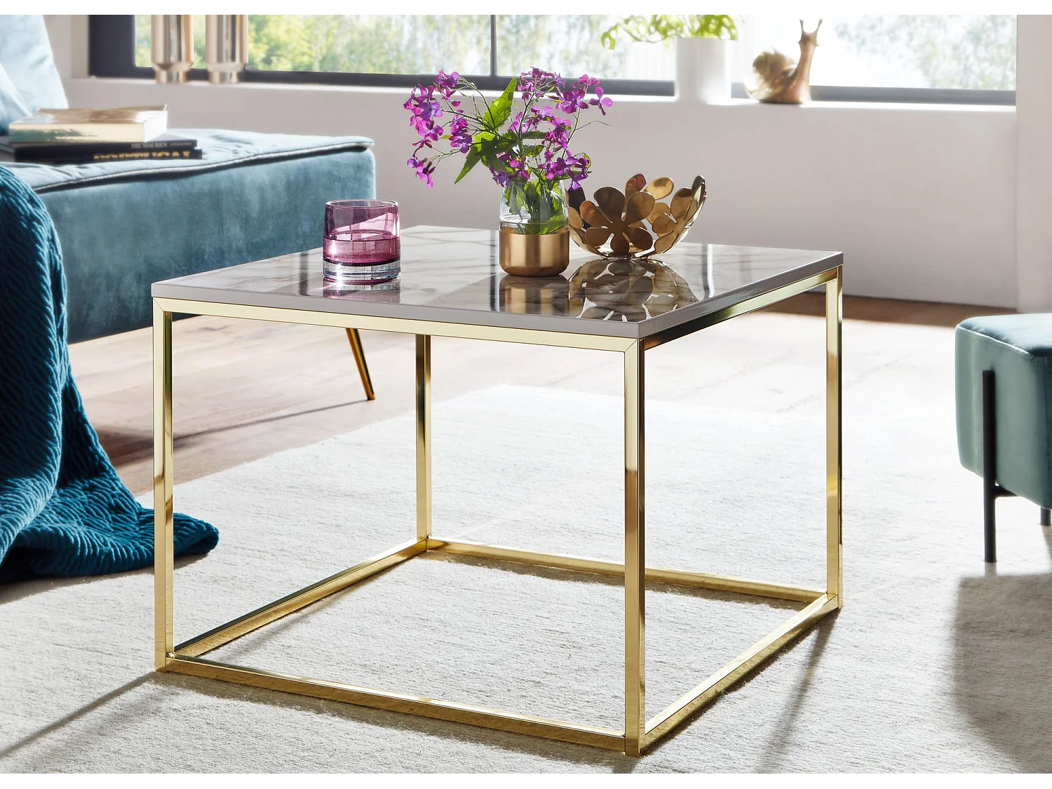 Tavolino da caffè 60x60x45 cm con aspetto marmoreo Tavolino quadrato bianco/oro | Tavolo soggiorno moderno | Tavolino da salotto Tavolo soggiorno