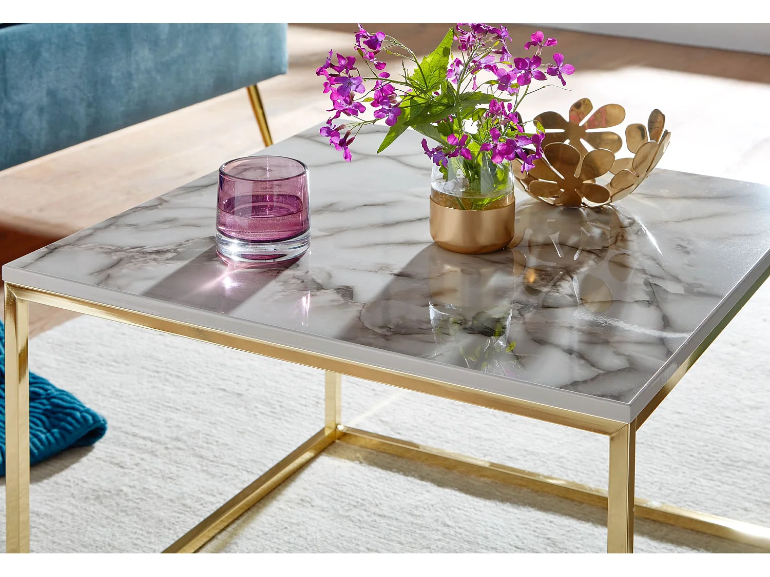 Tavolino da caffè 60x60x45 cm con aspetto marmoreo Tavolino quadrato bianco/oro | Tavolo soggiorno moderno | Tavolino da salotto Tavolo soggiorno