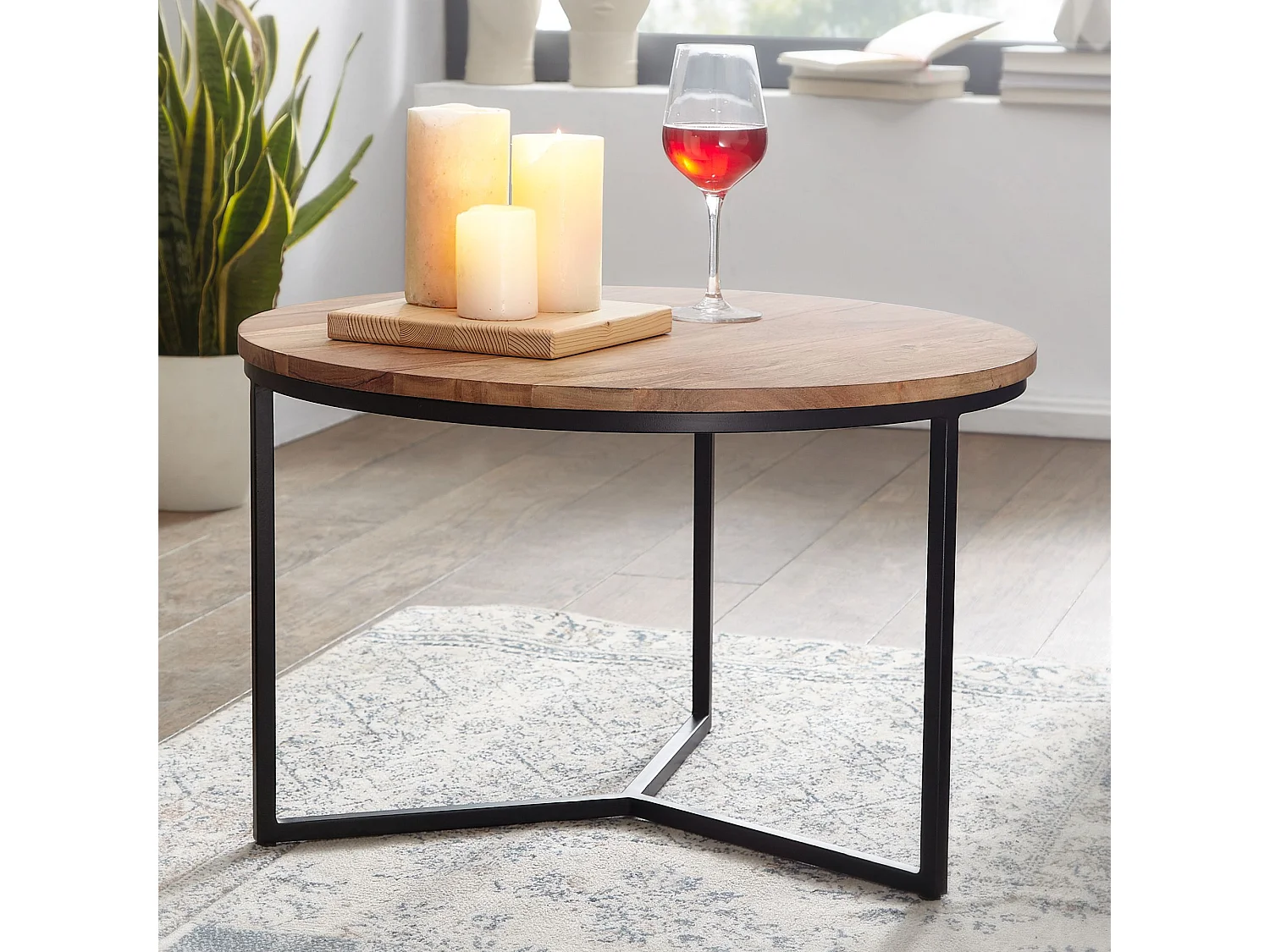 Tavolino 60x60x38 cm legno massiccio di acacia / metallo design tavolino rotondo | Tavolino da caffè solido | Tavolino da salotto