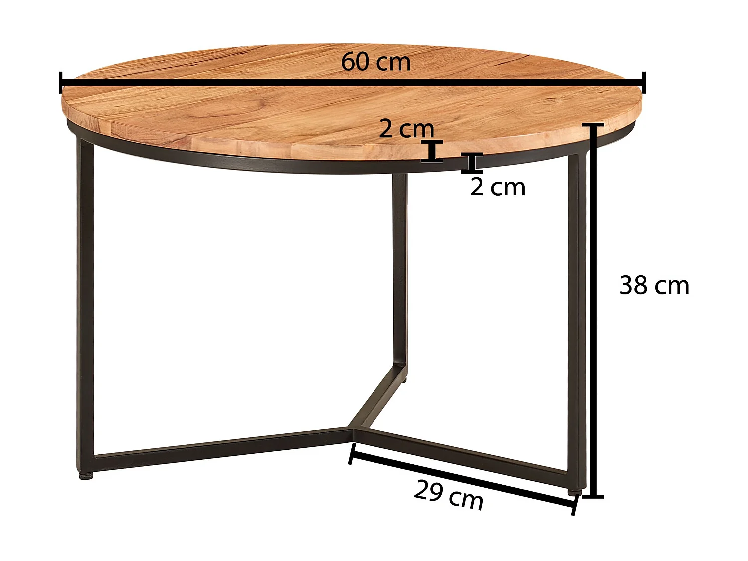 Tavolino 60x60x38 cm legno massiccio di acacia / metallo design tavolino rotondo | Tavolino da caffè solido | Tavolino da salotto