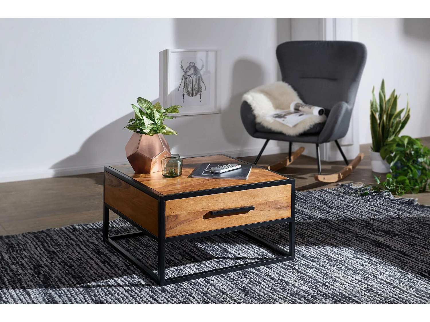 Table Basse  Table De Canapé En Bois Massif Solide / Métal 65X38X65Cm | Table Basse