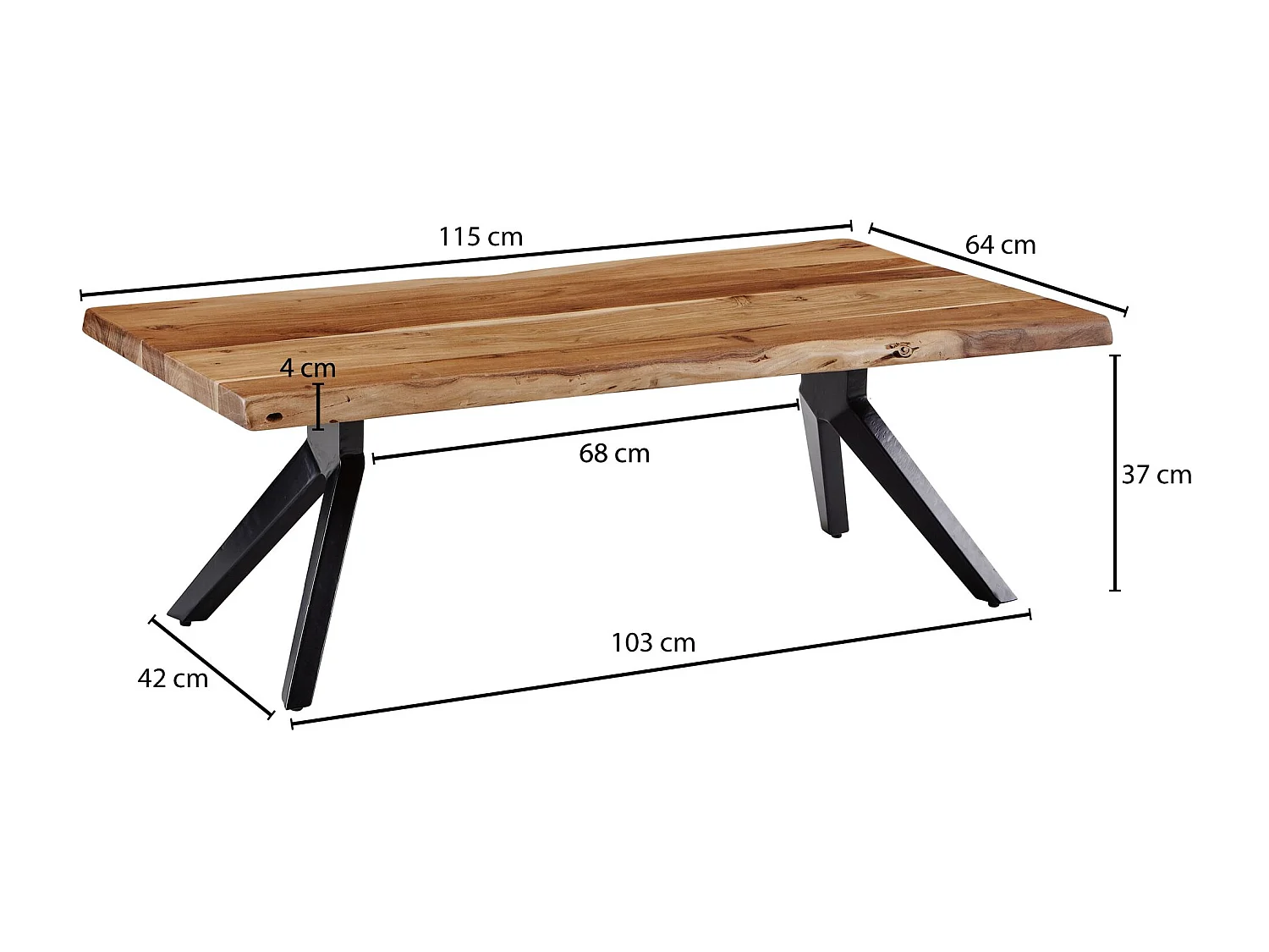 salontafel 115x37x64 cm massief acaciahout / metalen boomrand | Design vierkante salontafel | Kamertafel industrieel bruin | Salontafel, hout, rechthoekig