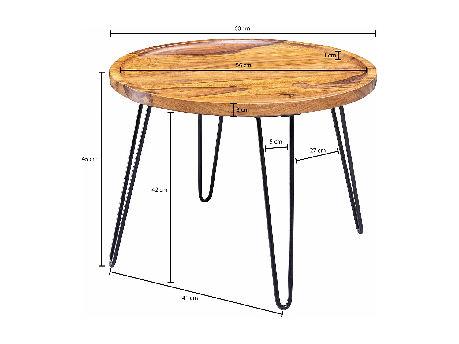 salontafel Sheesham massief hout 60x45x60 cm woonkamer tafel rond | Banktafel met haarspeldpoten Salontafel van hout en metaal