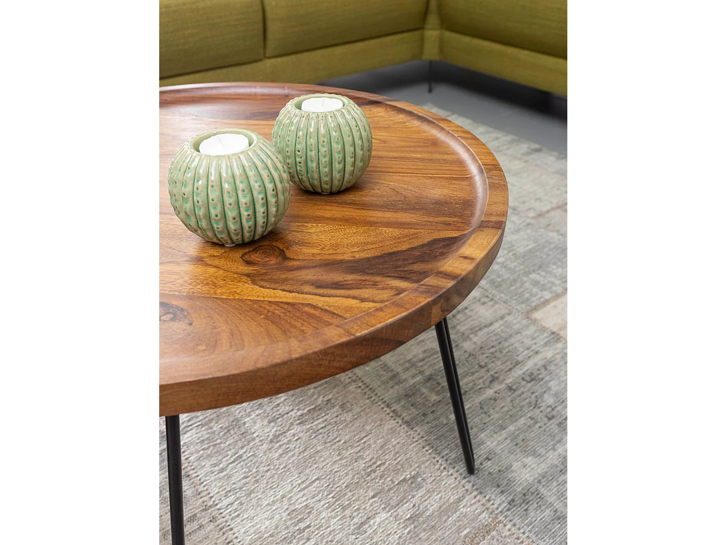 salontafel Sheesham massief hout 60x45x60 cm woonkamer tafel rond | Banktafel met haarspeldpoten Salontafel van hout en metaal