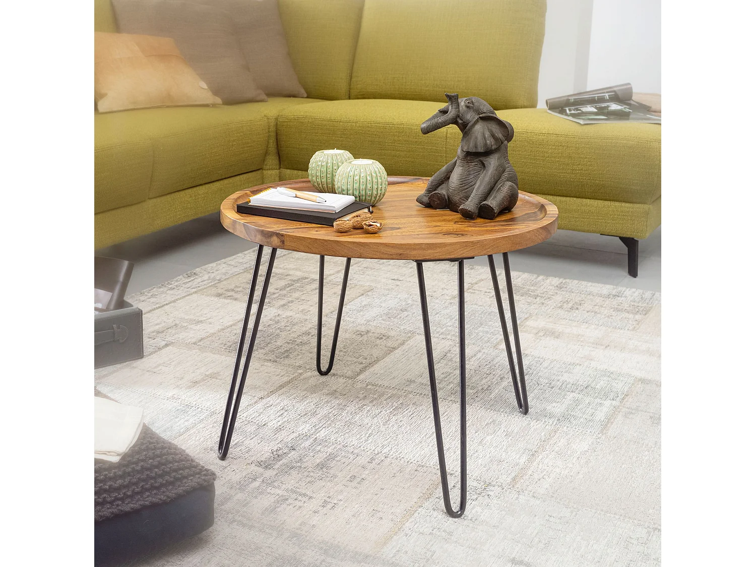 salontafel Sheesham massief hout 60x45x60 cm woonkamer tafel rond | Banktafel met haarspeldpoten Salontafel van hout en metaal