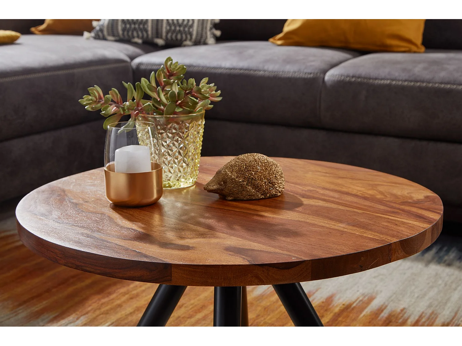 table basse 60x60x35 cm table basse en bois de sheesham massif / métal ronde | Table de salon design table basse solide | Petite table d'appoint salon moderne