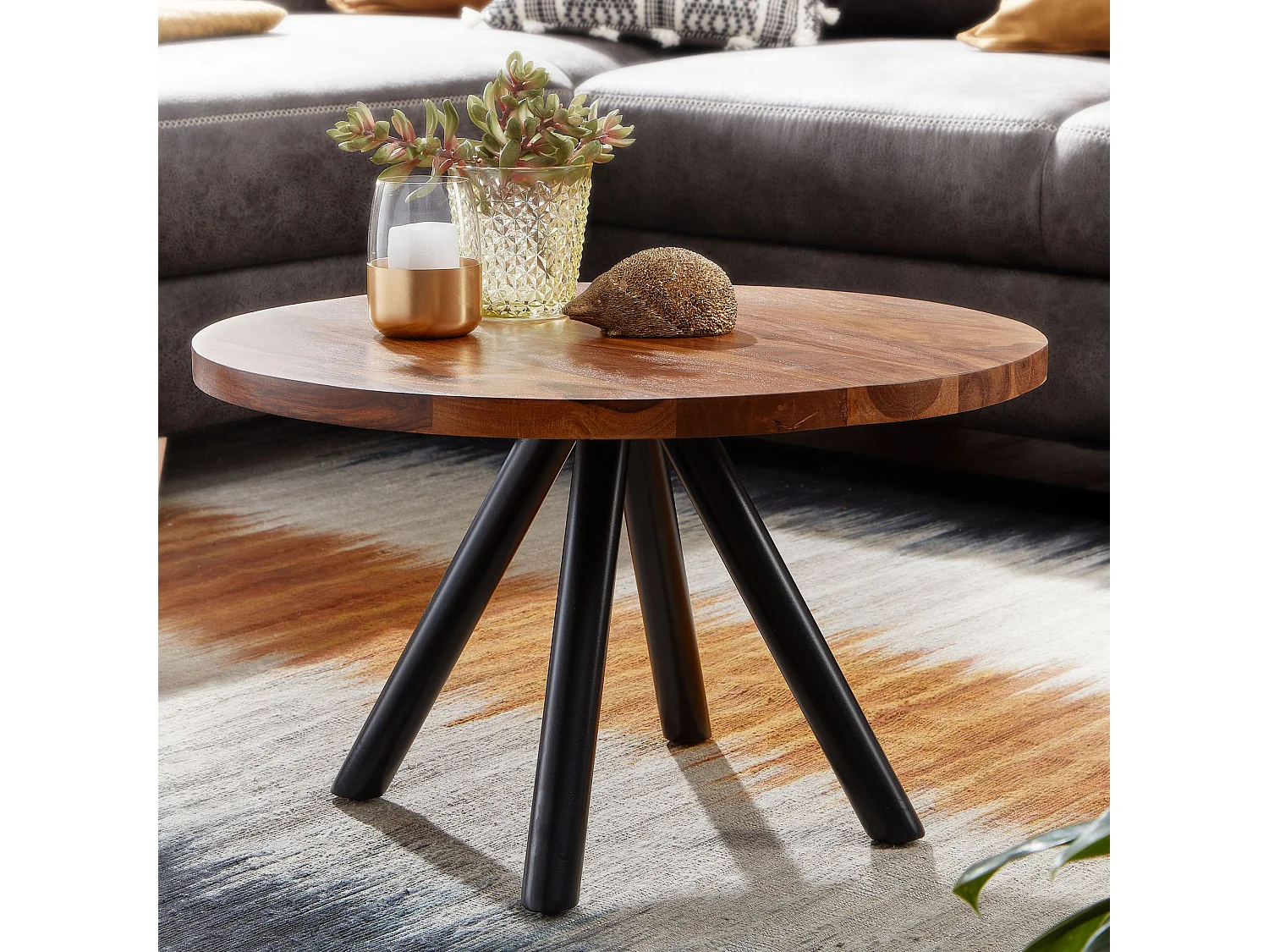 table basse 60x60x35 cm table basse en bois de sheesham massif / métal ronde | Table de salon