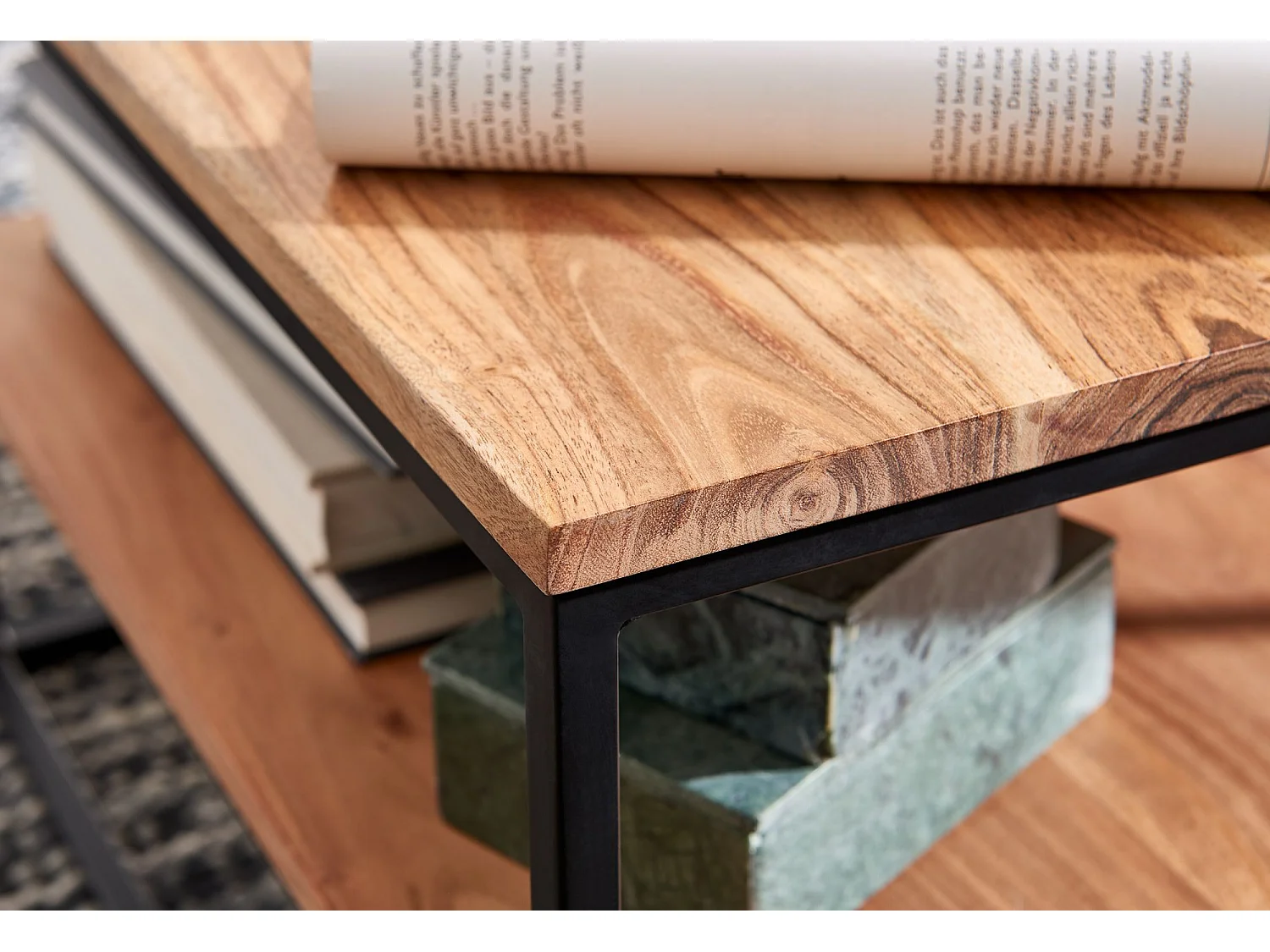 Tavolino 60x60x41 cm in legno massiccio tavolino in metallo tavolino in acacia | Tavolo industriale con contenitore | Tavolo quadrato in legno, tavolino massiccio