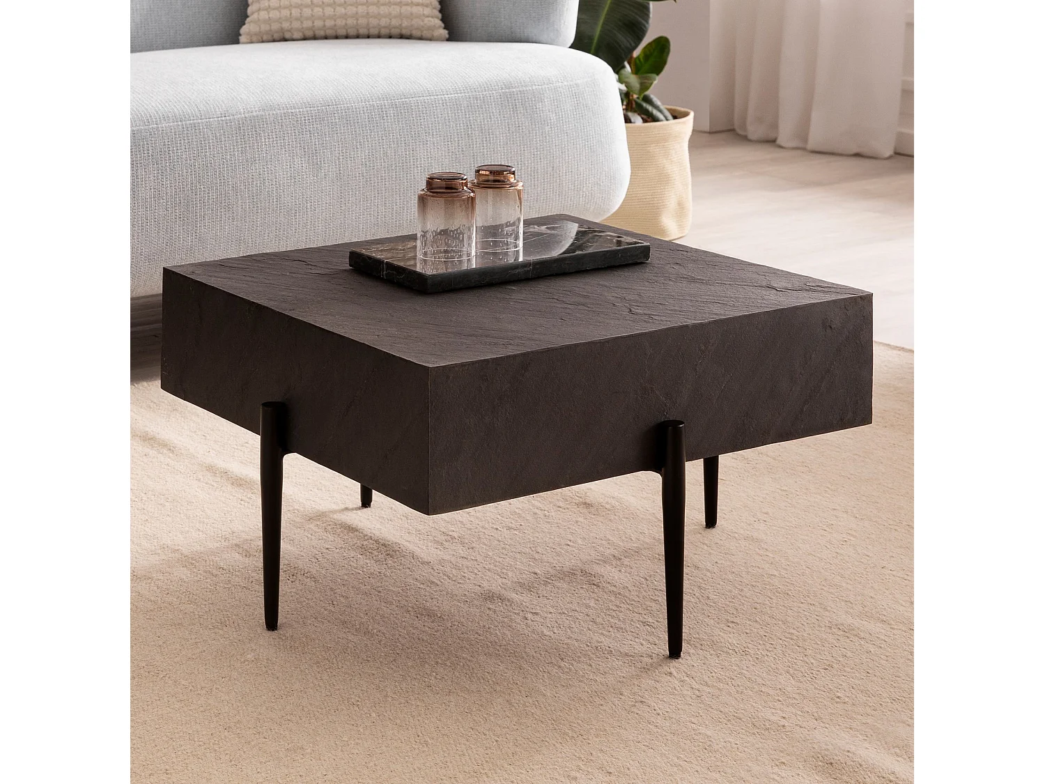 Table Basse de Salon Aspect Pierre / Mango Bois Massif 64x64x35 cm Carré | Petite Table de Canapé Anthracite | Design Table d'appoint Style Moderne