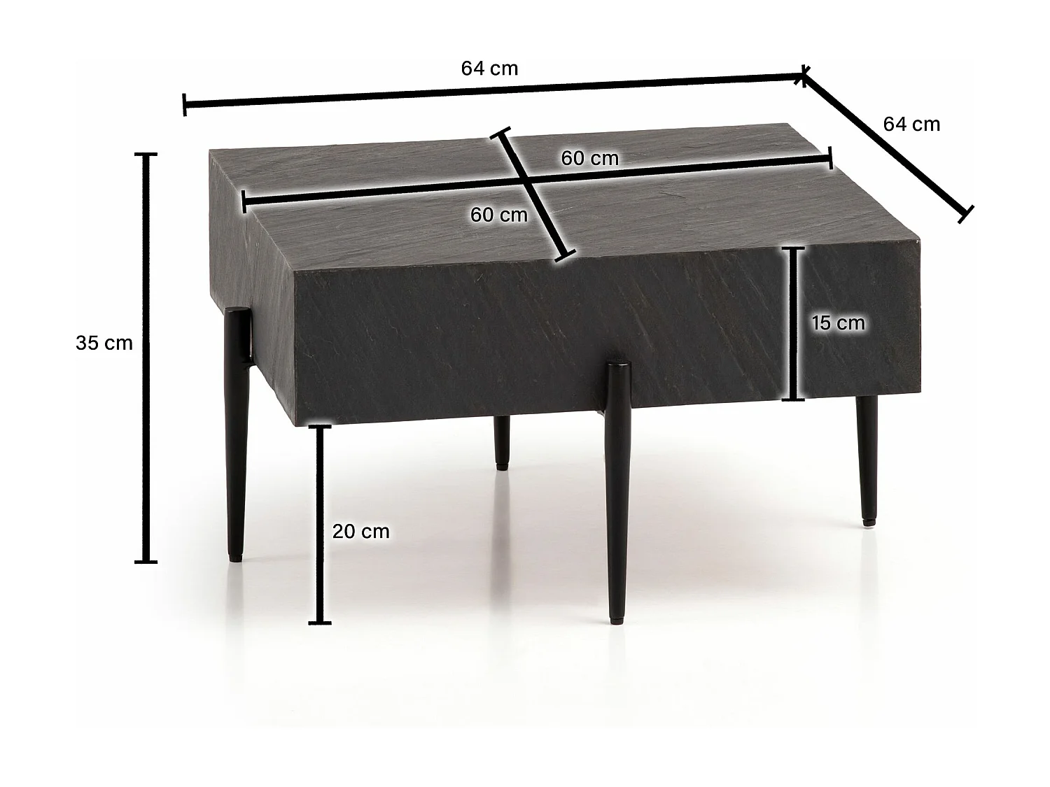 Table Basse de Salon Aspect Pierre / Mango Bois Massif 64x64x35 cm Carré | Petite Table de Canapé Anthracite | Design Table d'appoint Style Moderne