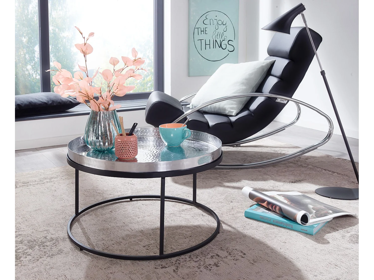 Mesa de Centro Redonda Aluminio Plata 62x62x36 cm Metal Martillado | Mesa Auxiliar para Salón Moderna | Mesita Bandeja Café Pequeña para Sofá