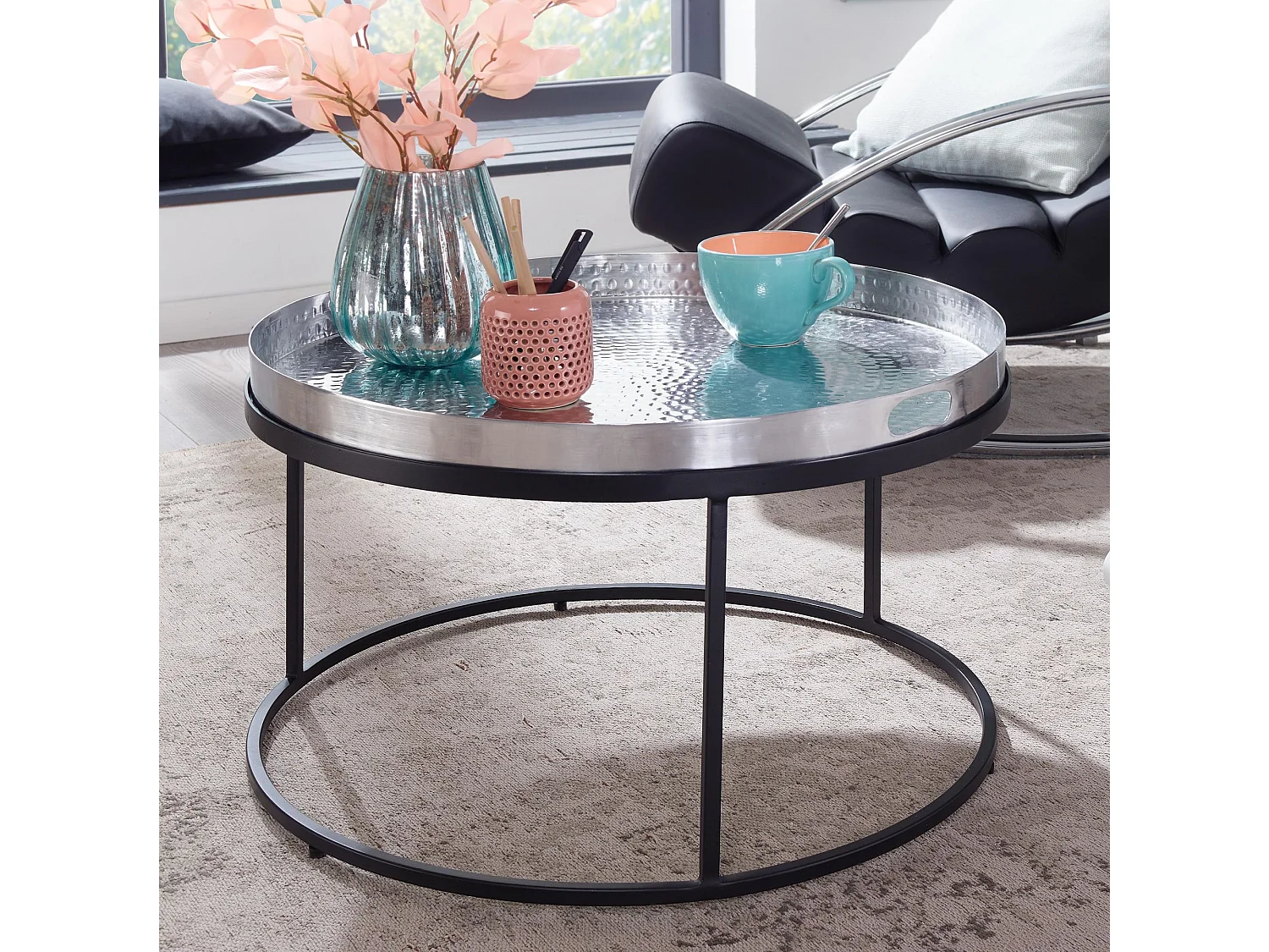 Table Basse de Salon Aluminium Argent 62x62x36 cm Ronde Métal | Petite Table de Canapé Martelé |