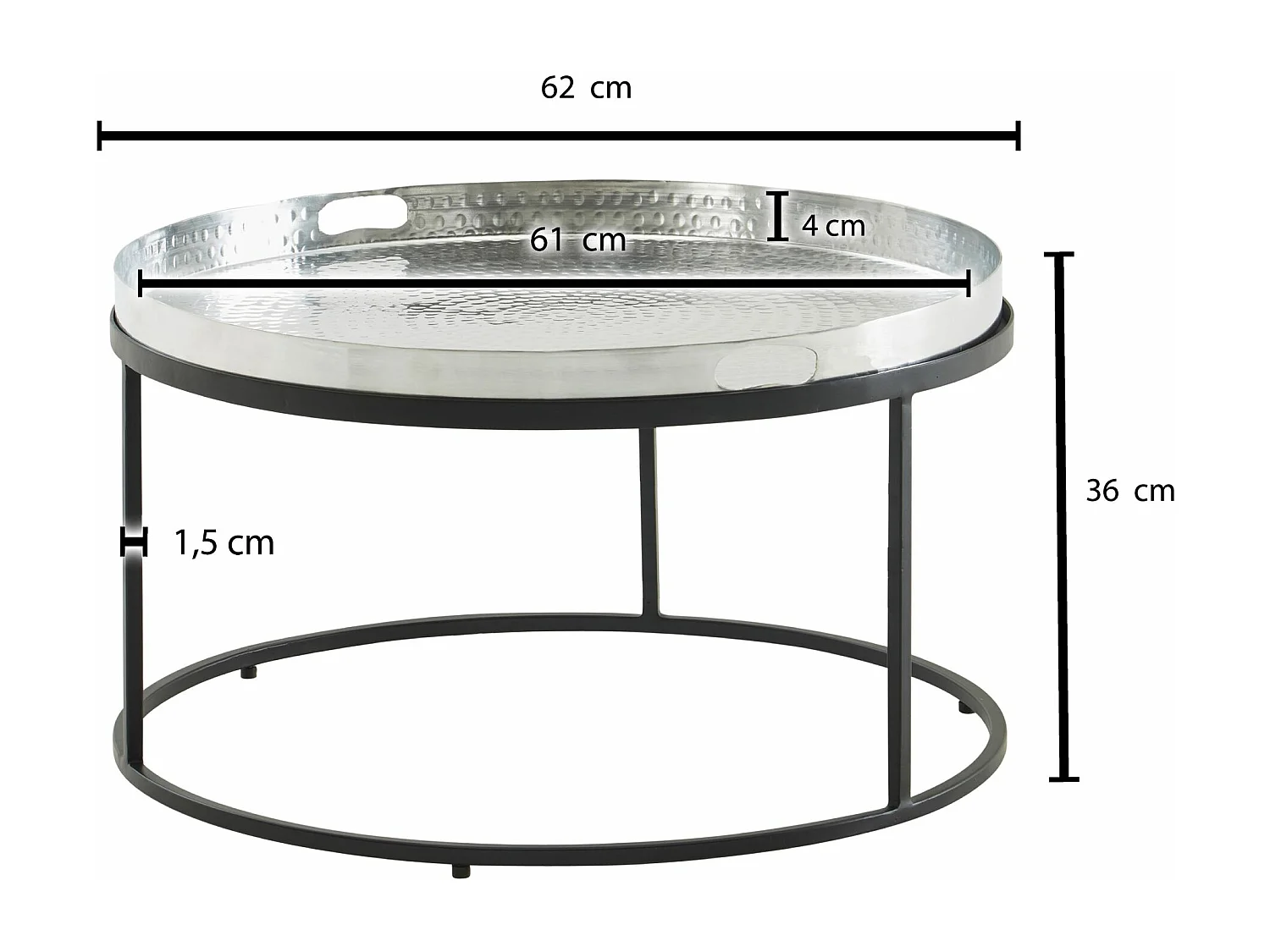 Table Basse de Salon Aluminium Argent 62x62x36 cm Ronde Métal | Petite Table de Canapé Martelé |