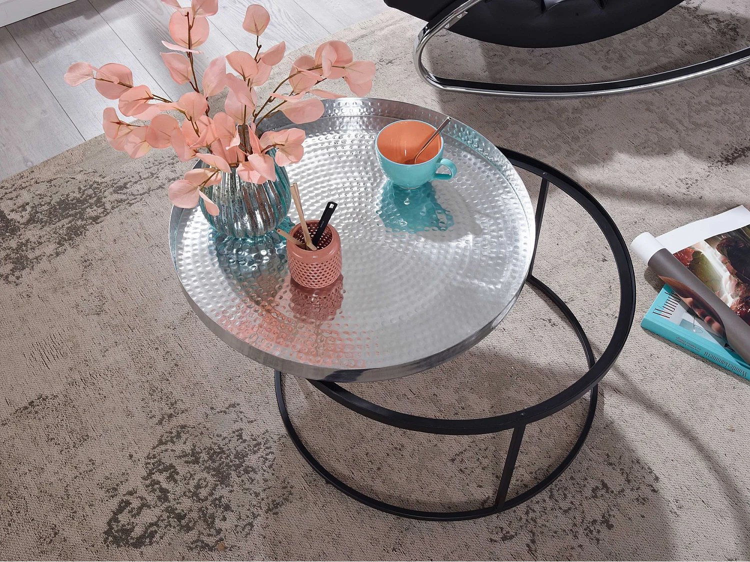 Table Basse de Salon Aluminium Argent 62x62x36 cm Ronde Métal | Petite Table de Canapé Martelé |