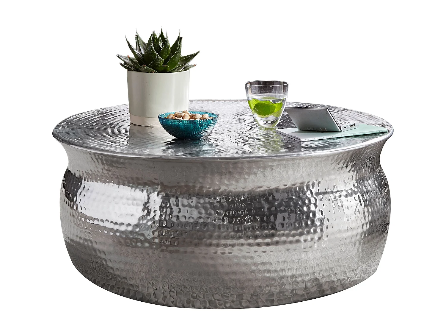 table basse KARAM 75x31x75cm aluminium table d'appoint en argent oriental rond | Table basse