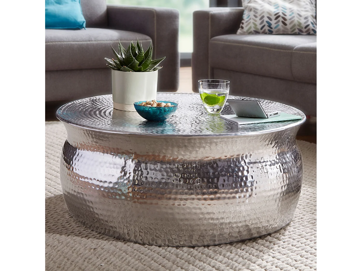 table basse KARAM 75x31x75cm aluminium table d'appoint en argent oriental rond | Table basse