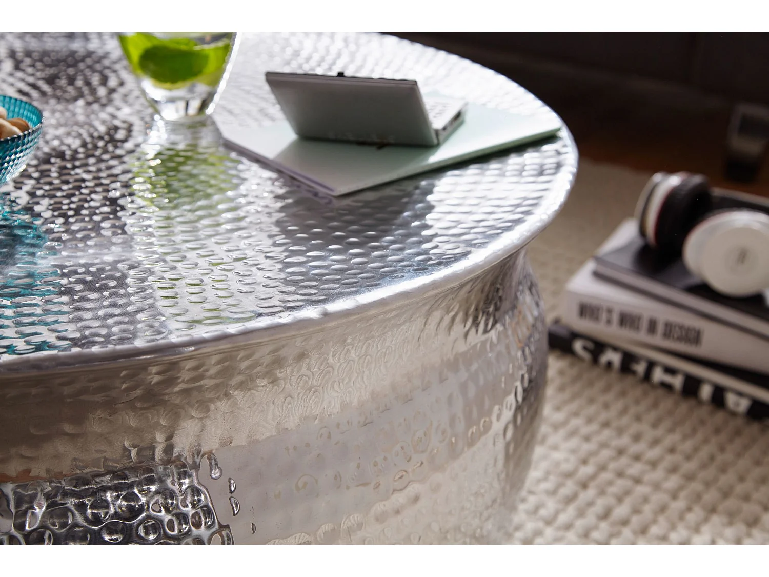 table basse KARAM 75x31x75cm aluminium table d'appoint en argent oriental rond | Table basse