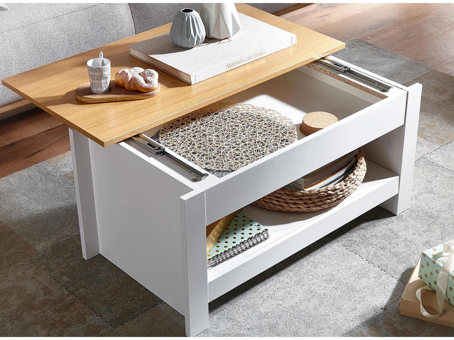 tavolino di design 85 X 47 X 45 cm bianco / rovere | Tavolo da soggiorno con contenitore | Tavolino con contenitore Moderno | Tavolino quadrato