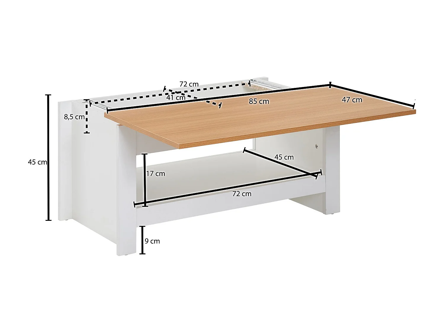 basse design 85 X 47 X 45 cm blanc / chêne | Table de salon avec rangements | Table basse avec