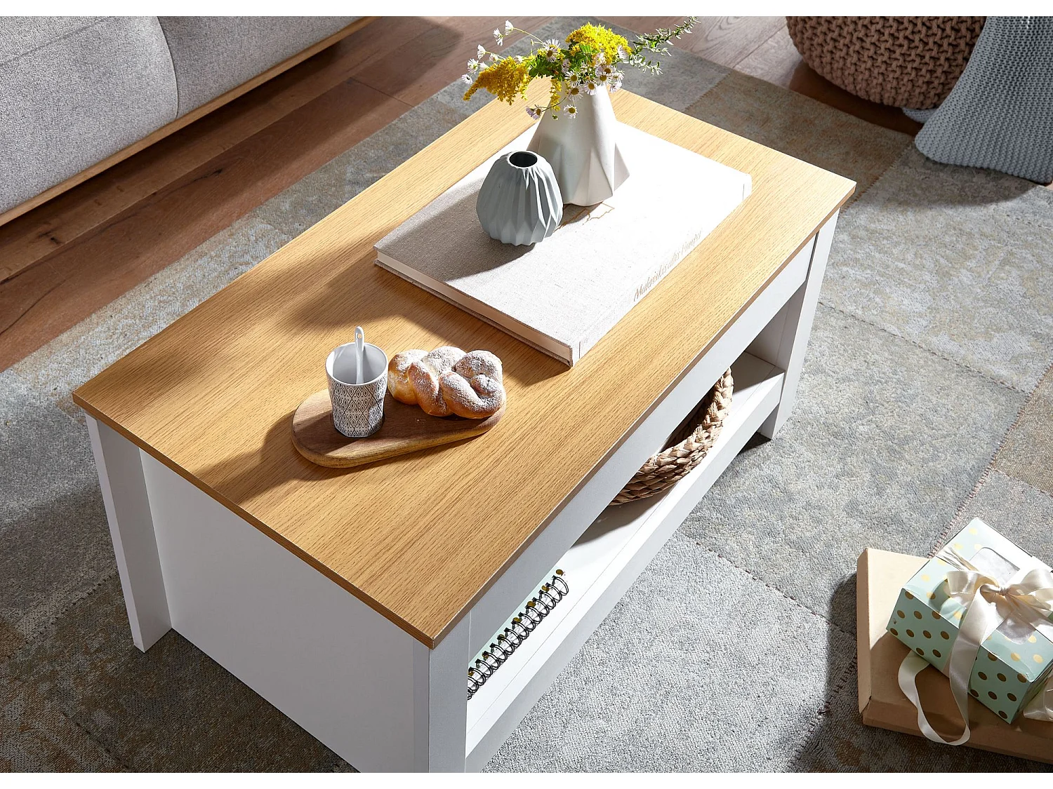 basse design 85 X 47 X 45 cm blanc / chêne | Table de salon avec rangements | Table basse avec