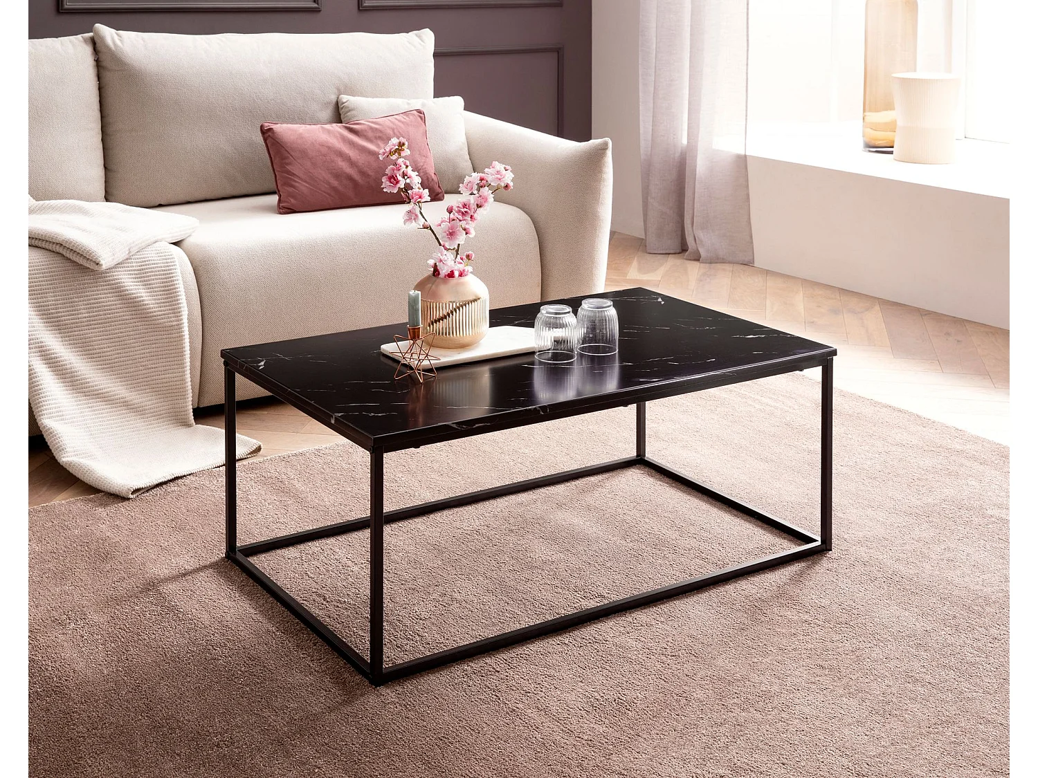 table basse 100x60x40 cm aspect marbre noir, table de salon avec structure en métal, table de